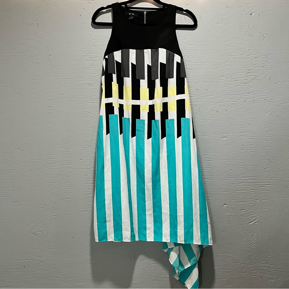 Alfani watercolor drape asymmetrical hem high neck zip closure midi dress - Picture 3 of 11